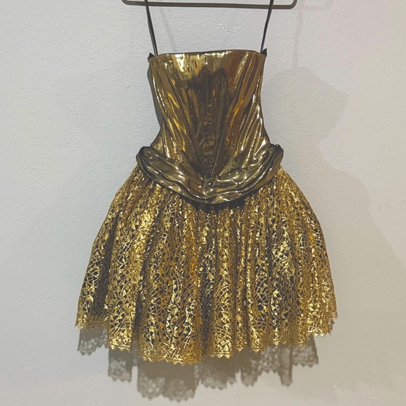 Vintage Dazzling structured corset and lace Gold Lace Mini Dress 80s party fairy - Picture 1 of 12